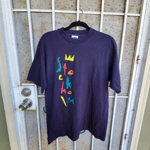 Vintage Best In Town Stockholm Colorful Graphic T-Shirt in Navy Blue size L